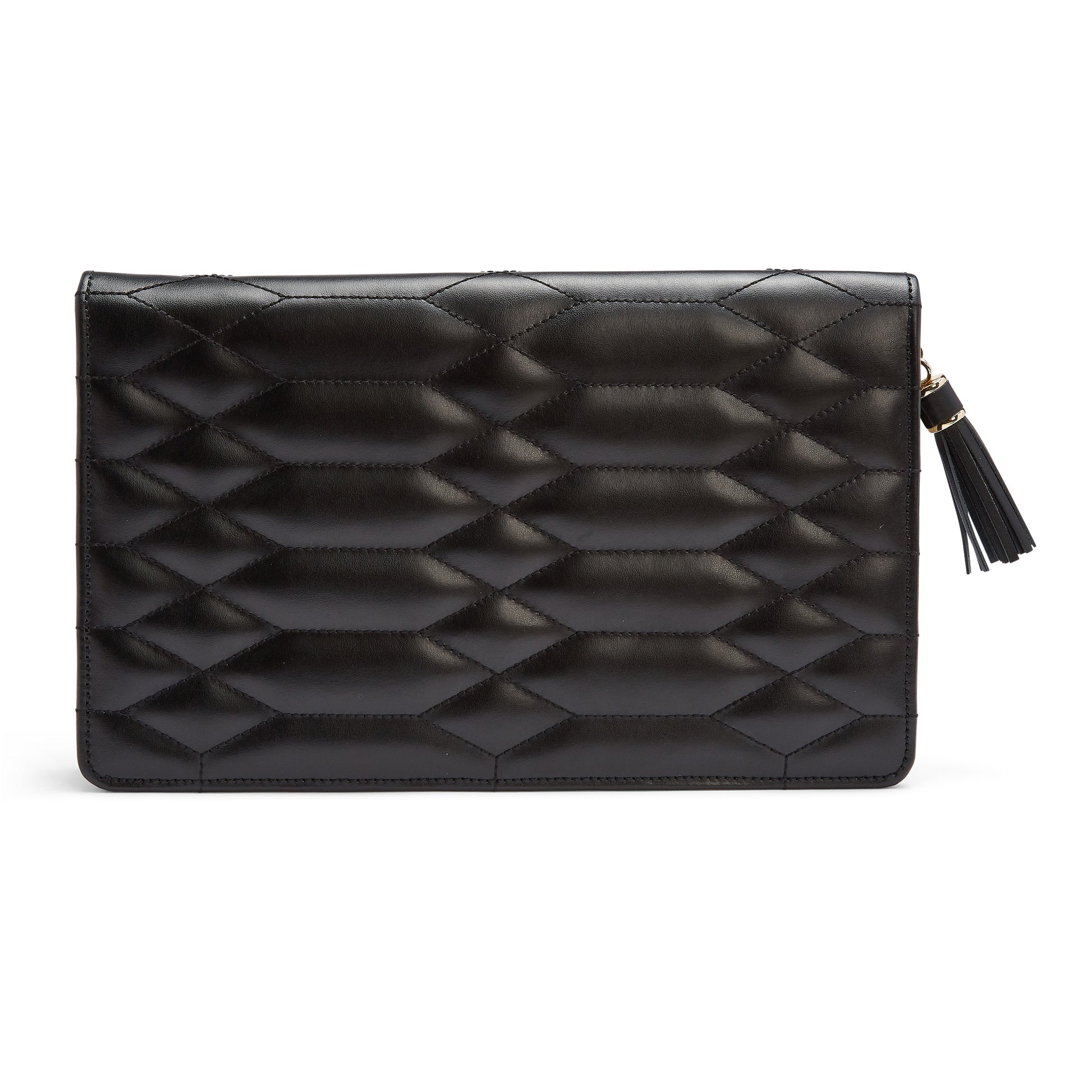 Introducing the WOLF 1834 Caroline Large Jewellery Portfolio by WOLF, a sophisticated black leather clutch featuring a geometric quilted pattern. It is equipped with LusterLoc technology to prevent tarnishing and is elegantly finished with a tassel zipper pull.