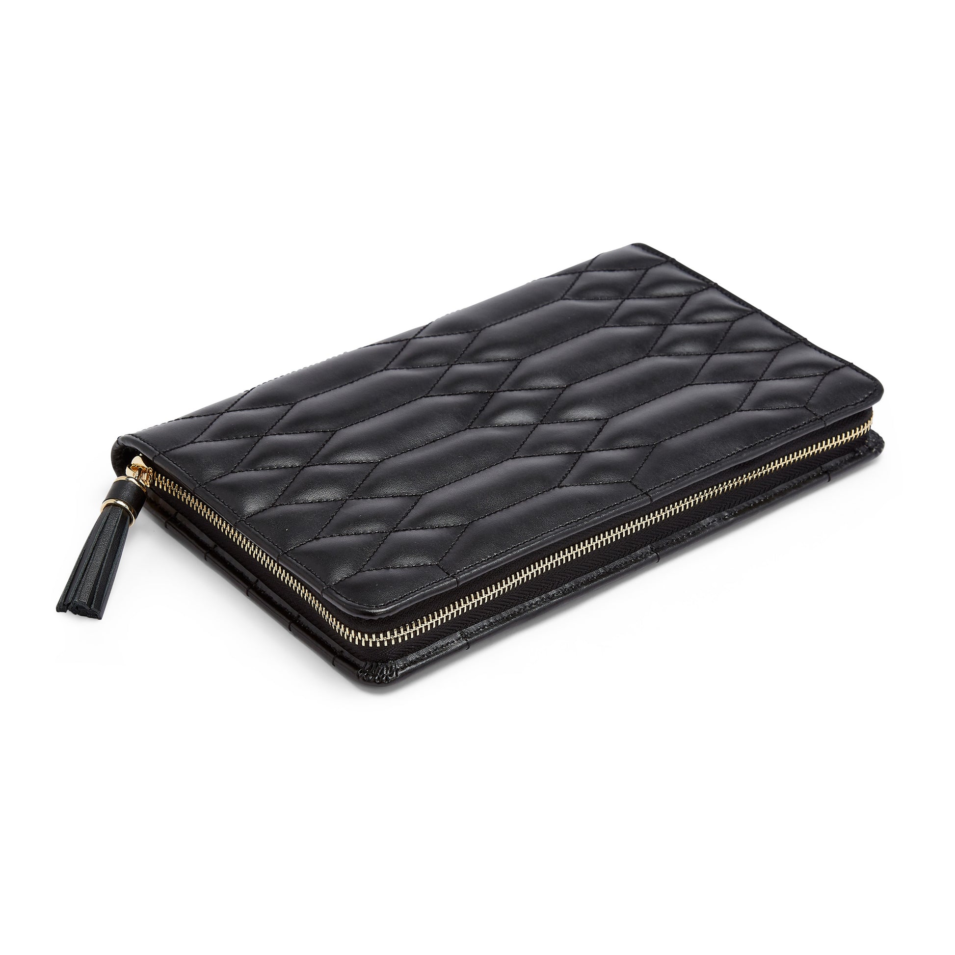 The WOLF 1834 Caroline Large Jewellery Portfolio is a sophisticated black leather accessory featuring a diamond quilted pattern and a tassel zipper pull. Enhanced with LusterLoc technology to prevent tarnishing, this portfolio gracefully lies flat against a white background, showcasing its timeless elegance.