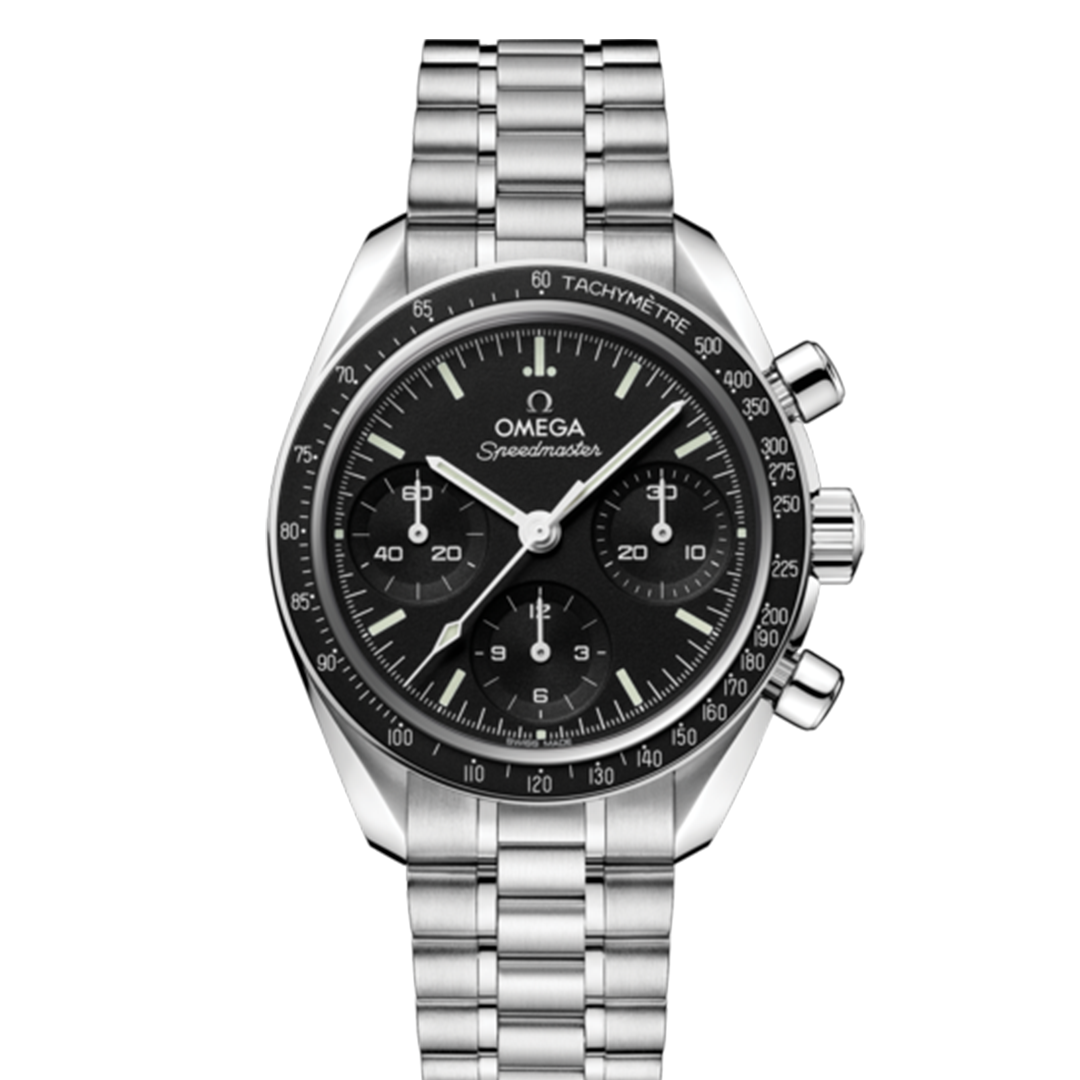 Silver-tone OMEGA Speedmaster 38 Co-Axial Chronometer Chronograph 38mm Watch featuring a black face, three subdials, and a tachymeter scale on the bezel.