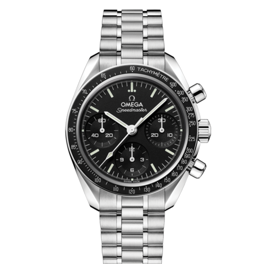 Silver-tone OMEGA Speedmaster 38 Co-Axial Chronometer Chronograph 38mm Watch featuring a black face, three subdials, and a tachymeter scale on the bezel.