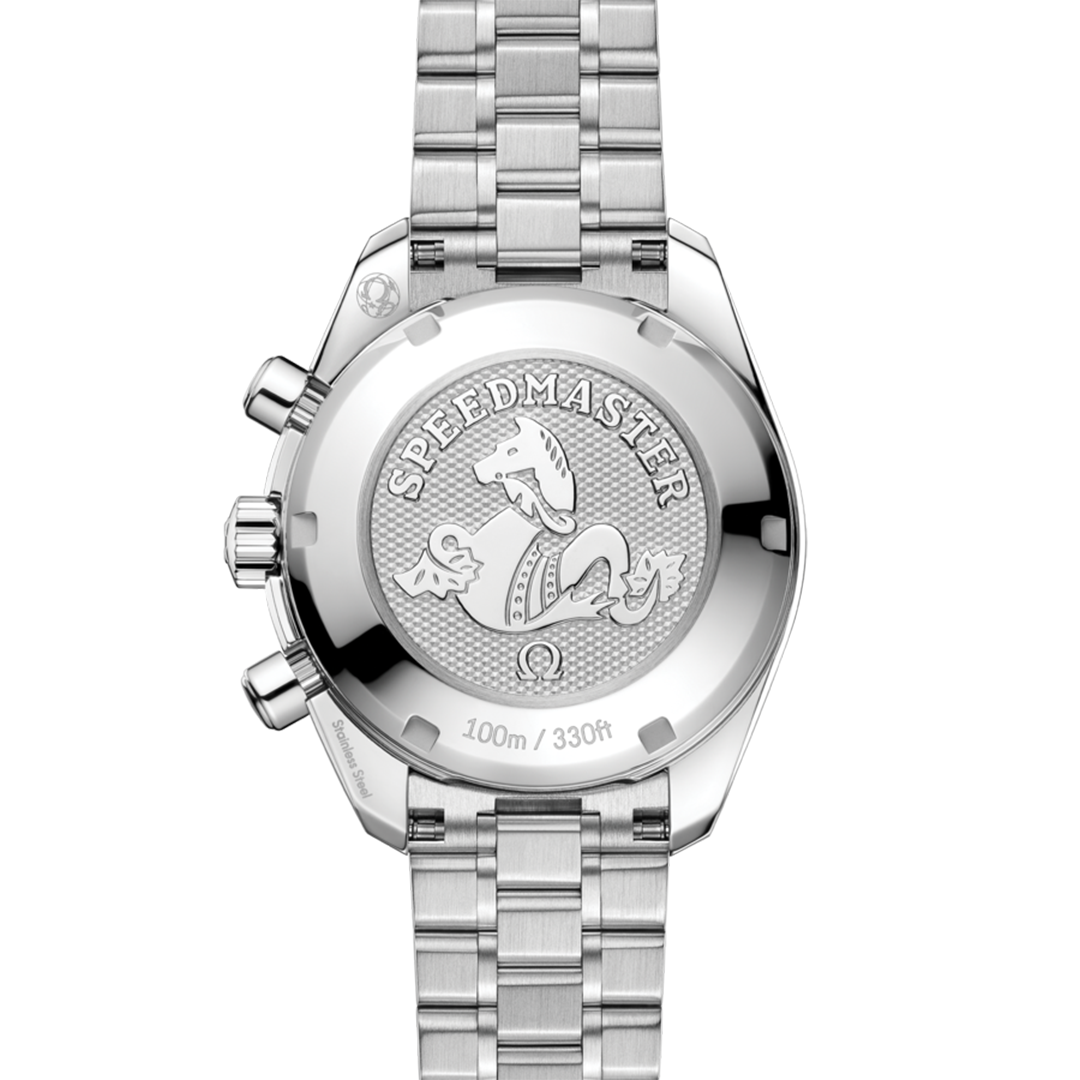 Stainless steel case back of an OMEGA Speedmaster 38 Co-Axial Chronometer Chronograph 38mm Watch featuring a seahorse emblem surrounded by the word “SPEEDMASTER” and water resistance markings.