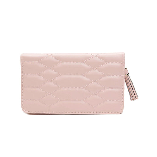 The WOLF 1834 Caroline Pink Jewellery Box offers a sophisticated and stylish design with its diamond quilted leather pattern in light pink, complete with a zipper closure featuring a small tassel, all while maintaining a minimalist and elegant appeal.