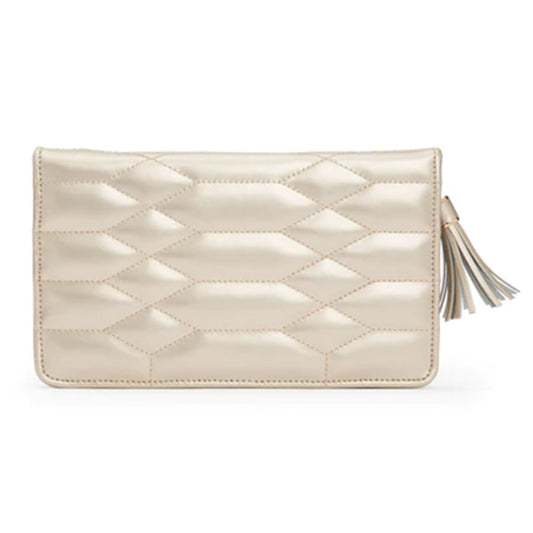 The WOLF 1834 Caroline Jewellery Portfolio exudes sophistication and style with its beige quilted design and elegant tassel detail on one side.