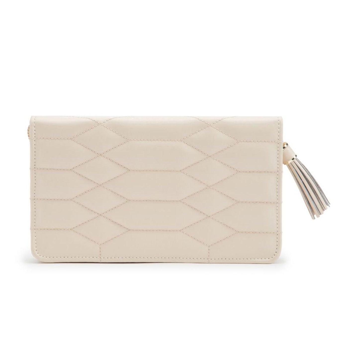 Introducing the WOLF 1834 Caroline Jewellery Portfolio, a chic accessory by WOLF. This piece features a diamond-quilted leather exterior in beige and is elegantly adorned with a tassel on one side, all set against a plain white background highlighting its sleek, rectangular design.