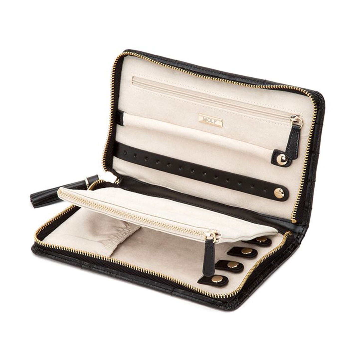 Open the WOLF 1834 Caroline Black Jewellery Box, crafted in sleek black leather with a light beige interior. It features diamond quilted compartments and straps, making it perfect for storing various items. When unzipped, the case reveals LusterLoc™ slots and pockets for organized storage.