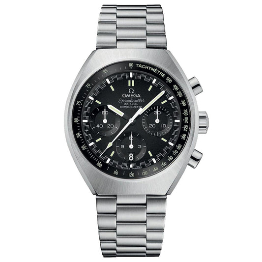 This OMEGA Speedmaster Mark II Co-Axial Chronometer Chronograph 46.2mm watch features a stainless steel design with a black dial, showcasing the Co-Axial calibre 3330. It includes three sub-dials and a tachymeter scale on the bezel, while its linked metal bracelet echoes its heritage from lunar missions, proudly displaying the brand and model on the face.