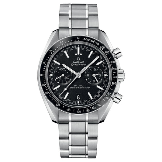 The OMEGA Speedmaster Racing Co-Axial Master Chronometer Chronograph 44.25mm watch, crafted by OMEGA, showcases a black dial with three subdials and a tachymeter scale on the bezel. Its stainless steel bracelet beautifully complements the prominently displayed OMEGA logo on the face.