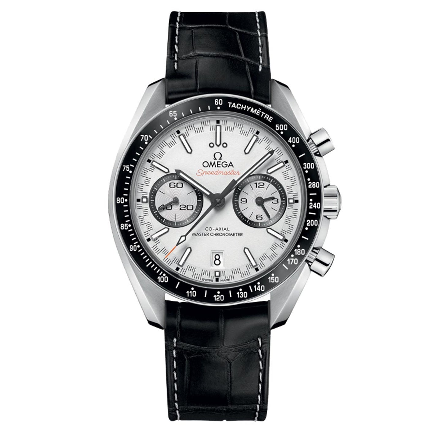 This luxurious OMEGA Speedmaster Racing Co-Axial Master Chronometer Chronograph 44.25mm watch features a silver dial with three sub-dials, a black tachymeter scale bezel, and a black leather strap. The face proudly showcases the "OMEGA Speedmaster" name along with co-axial and Master Chronometer specifications.