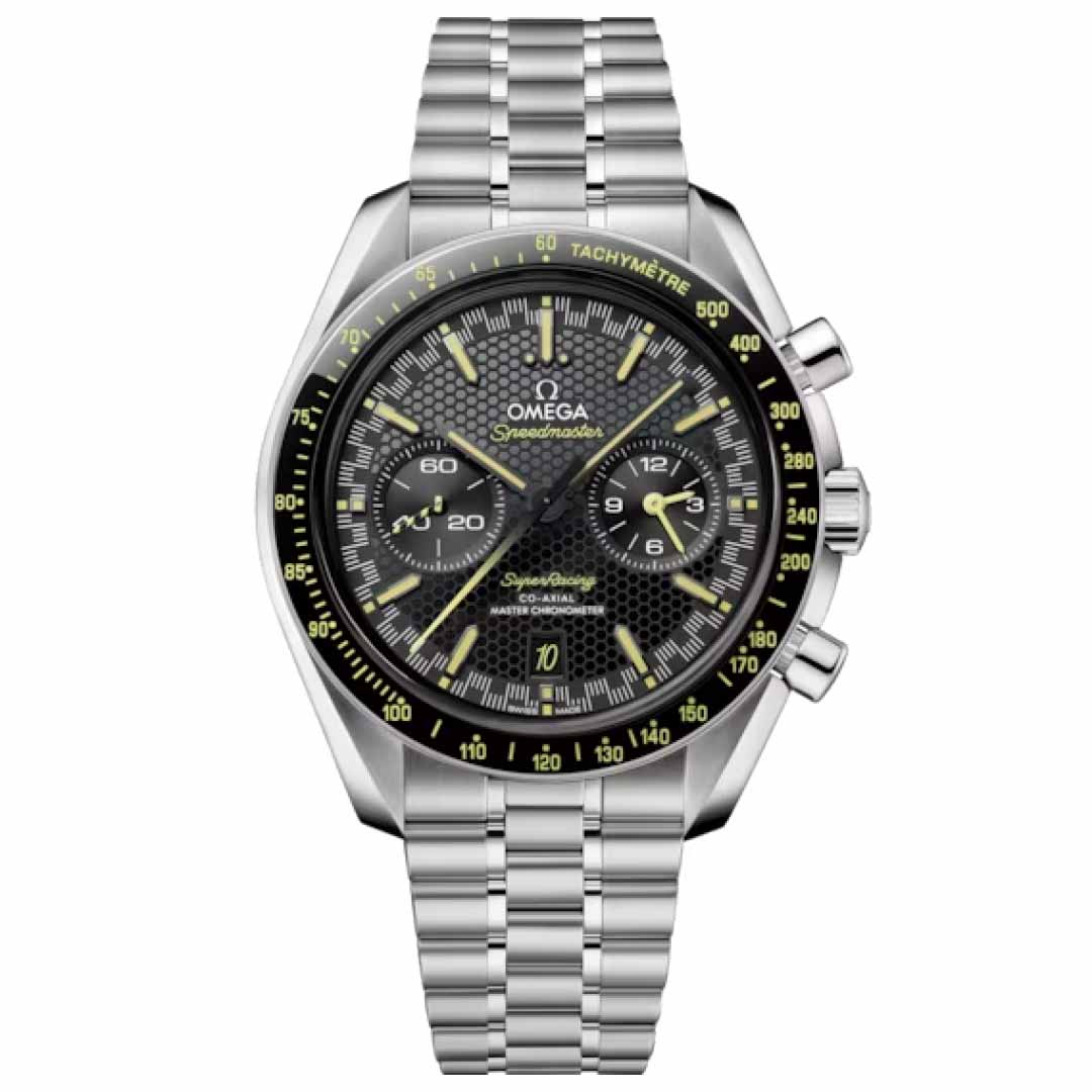 The OMEGA Speedmaster Super Racing Co-Axial Master Chronometer 44.25mm Watch features a silver case with a textured black dial, highlighted by yellow accents and chronograph subdials. It incorporates the advanced Co-Axial Master Chronometer movement and includes a tachymeter scale on its outer rim. The metal bracelet enhances its sporty yet elegant design.