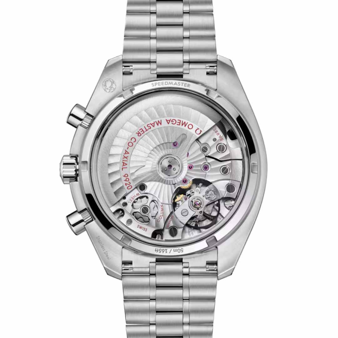 The image showcases the back of the OMEGA Speedmaster Super Racing Co-Axial Master Chronometer 44.25mm Watch, featuring a stainless steel transparent case that reveals its intricate mechanical movements. Labeled as "SPEEDMASTER" with "CO-AXIAL 9900," this timepiece incorporates Co-Axial Master Chronometer technology. The wristband is composed of linked metal segments.