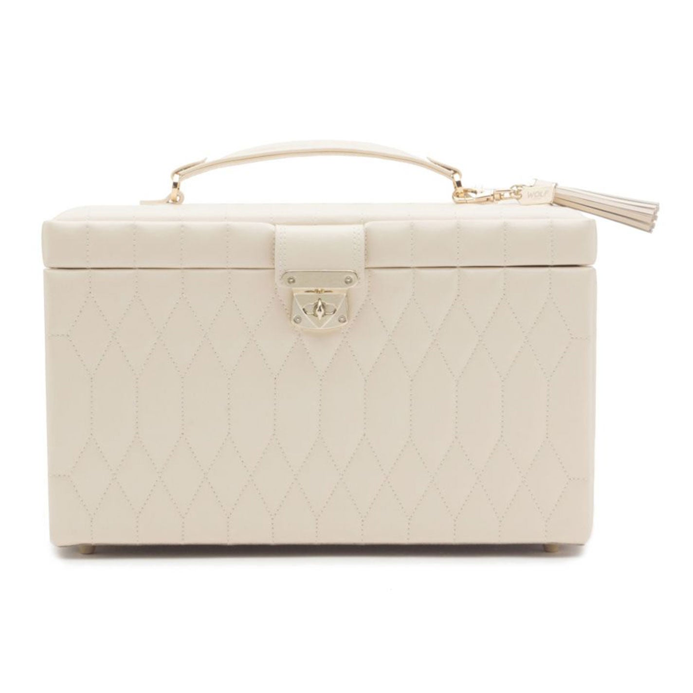 The WOLF 1834 Caroline White Large Jewellery Box is a rectangular accessory crafted from diamond-quilted leather in a beige color, featuring a gold latch. It includes a top handle and a tassel detail attached to the latch, combining style with practicality.