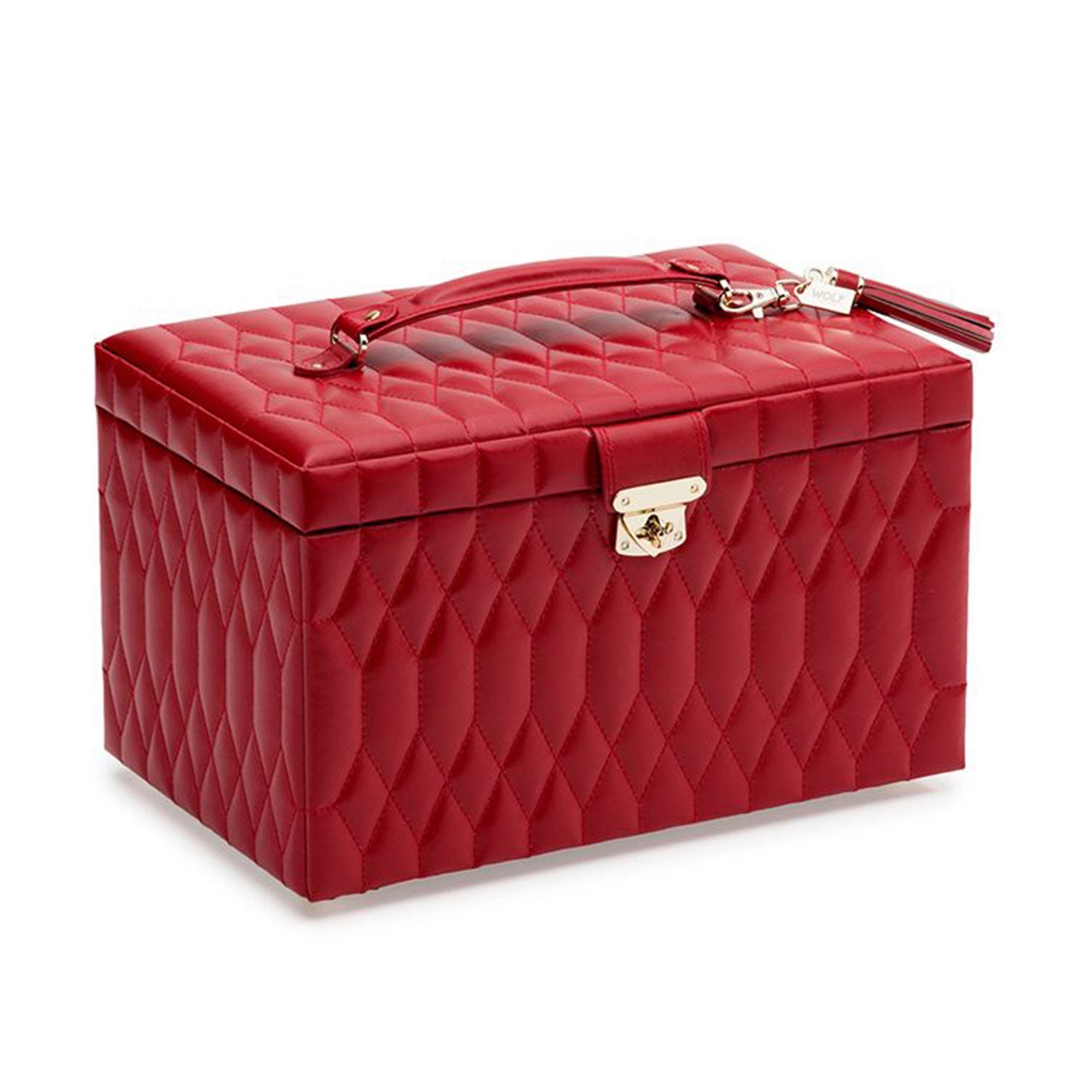 The WOLF 1834 Caroline Red Large Jewellery Box is a stunning piece crafted from diamond-quilted leather, showcasing a gold clasp and handle. Its LusterLoc™ lining ensures the protection of your valuables, complemented by an elegant decorative pattern and tassel.