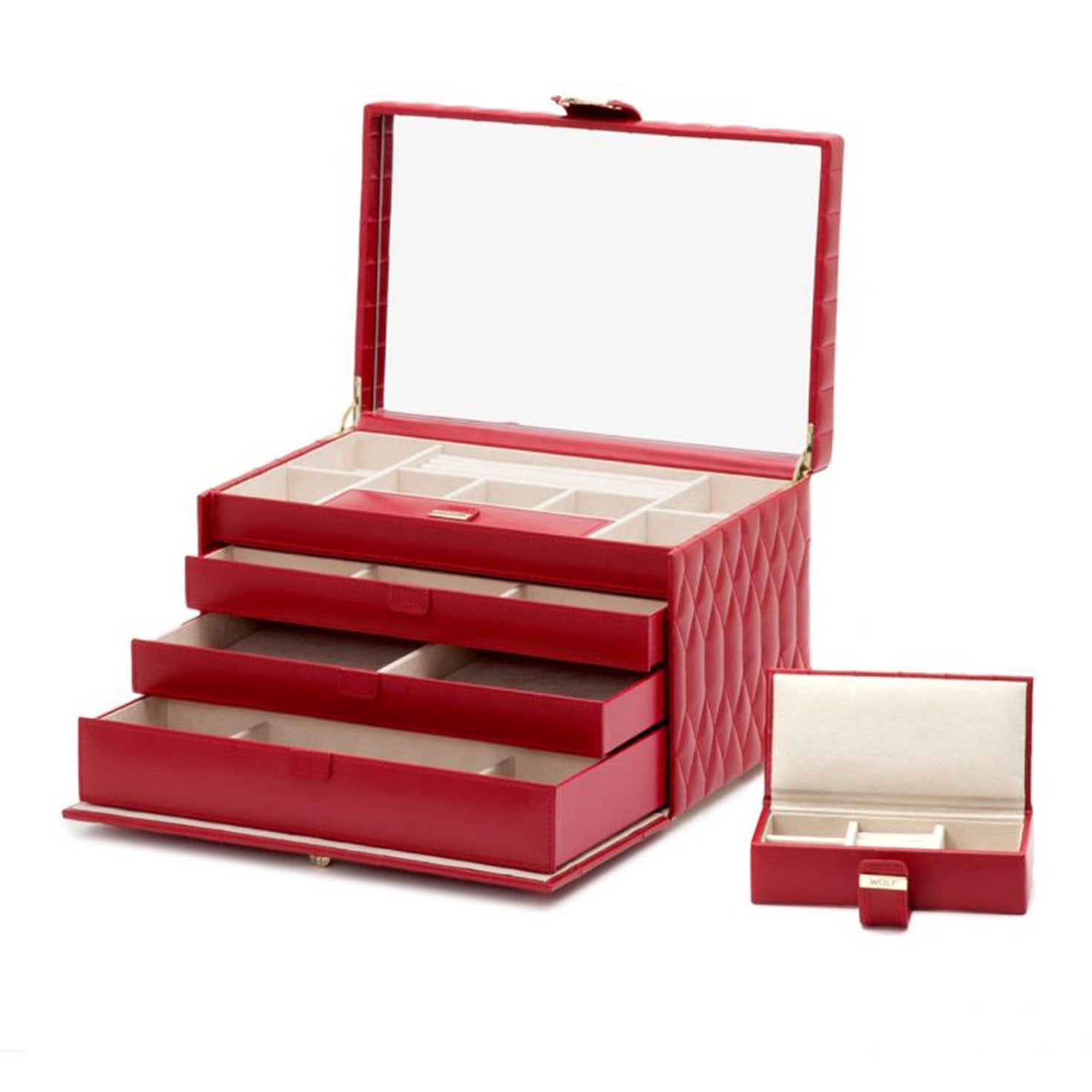 A WOLF 1834 Caroline Red Large Jewellery Box in red diamond quilted leather stands open, revealing multiple compartments and three pull-out drawers, along with a matching Caroline Large Jewellery Case with interior dividers, both designed to keep your treasures organized and pristine.