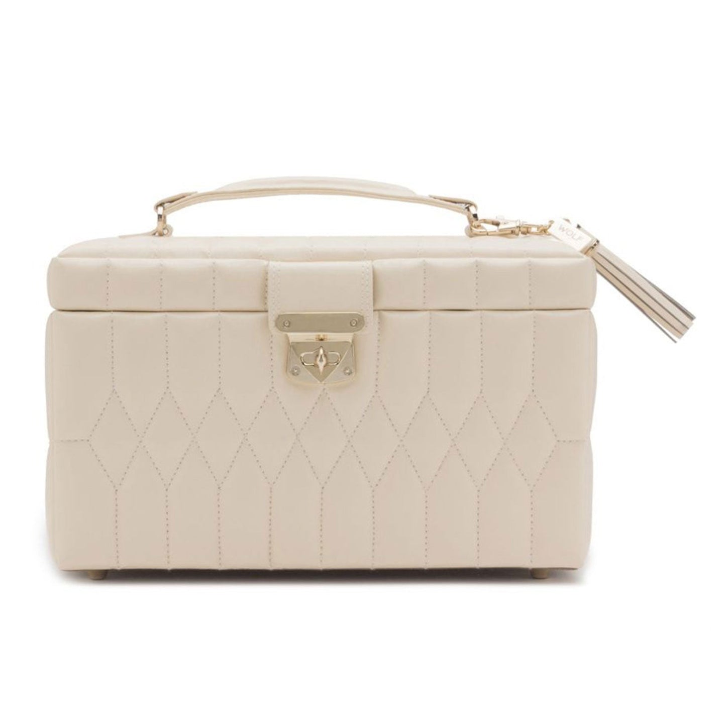 Introducing the WOLF 1834 Caroline White Jewellery Box by WOLF. This exquisite box is crafted from white diamond quilted leather, featuring a handle and tassel. It boasts a striking pattern, centered with a gold clasp, making it an ideal choice for carrying or storage with its tarnish prevention technology.