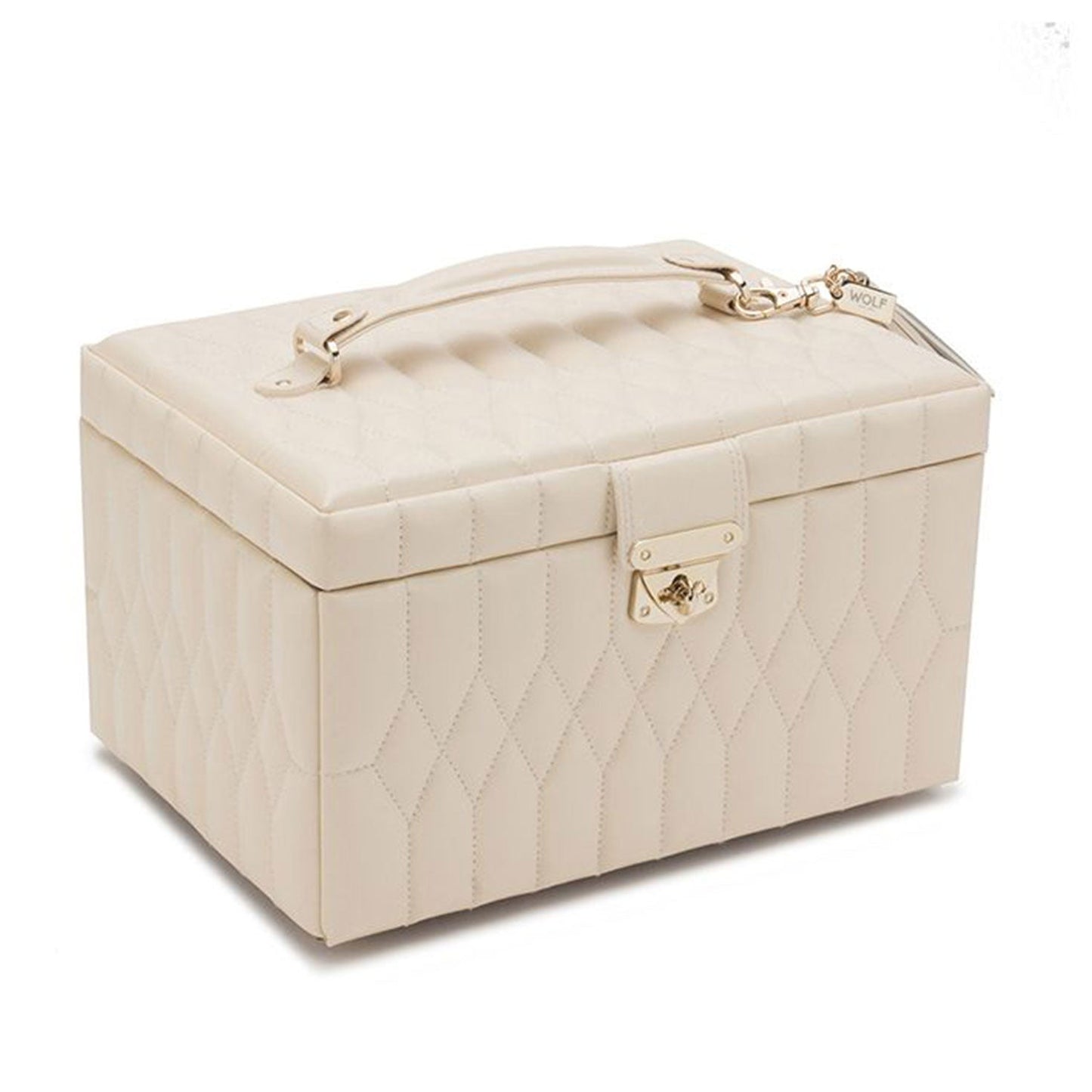 The WOLF 1834 Caroline White Jewellery Box features a diamond quilted leather exterior in a cream hue, complete with a handle and metal clasp. This design includes a subtle pattern and has a small branded WOLF tag near the handle, while also providing tarnish prevention to protect your valuables.