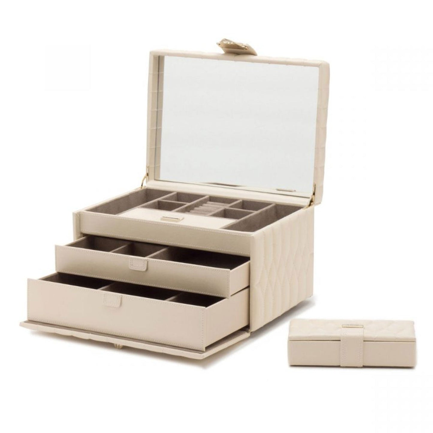 The WOLF 1834 Caroline White Jewellery Box showcases diamond quilted leather detailing in a beige finish and includes a mirror inside the lid. It offers various compartments and two open drawers. Accompanying it is a smaller, matching travel jewelry case by WOLF designed to prevent tarnish.