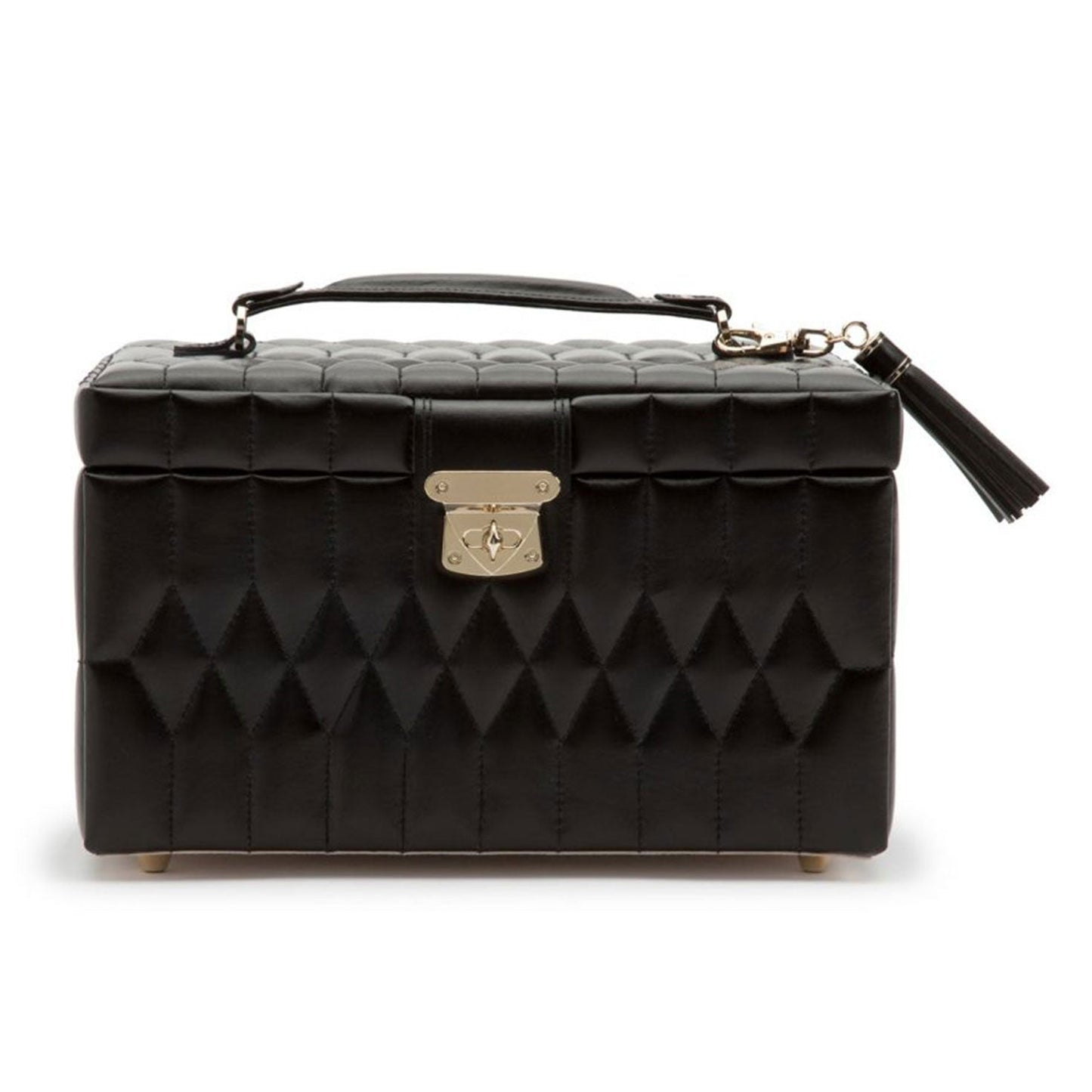 Introducing the WOLF 1834 Caroline Black Jewellery Box, crafted from luxurious black quilted leather and featuring a sleek top handle with a refined metal clasp on the front. This exquisite piece highlights an elegant geometric pattern and includes a chic tassel attached to the handle, perfectly blending sophistication with functionality.