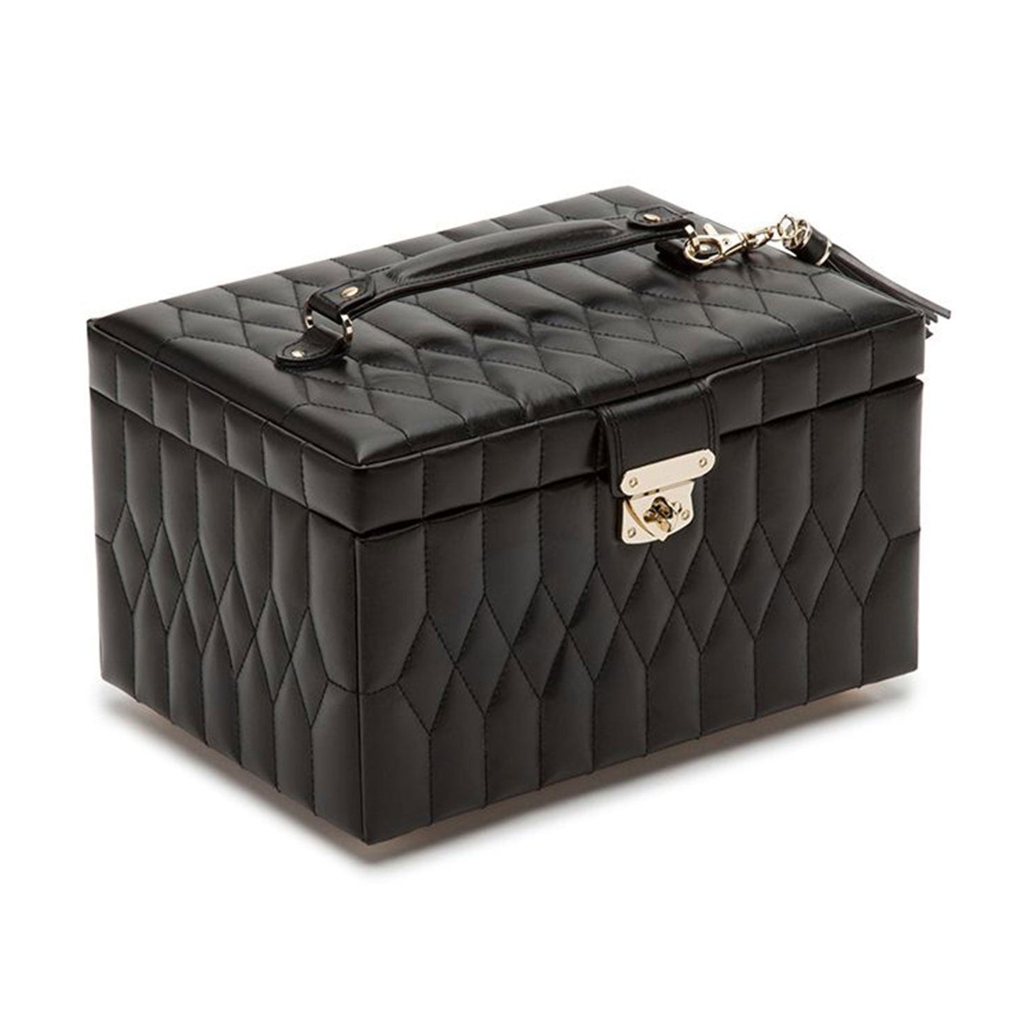 Introducing the WOLF 1834 Caroline Black Jewellery Box: a stunning black quilted leather case adorned with decorative stitching. It features a convenient top handle and a sophisticated silver-tone clasp, blending elegance with functionality for your jewelry storage needs.