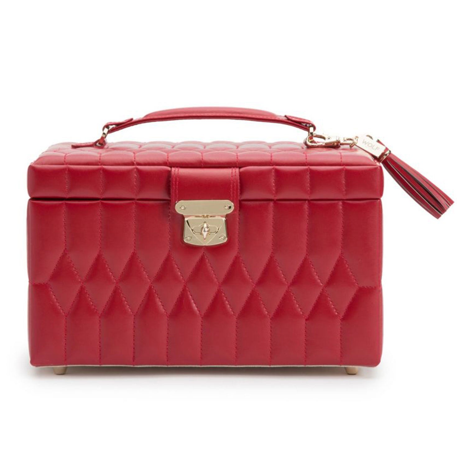 Introducing the WOLF 1834 Caroline Red Jewellery Box, a sophisticated piece from WOLF. Crafted in luxurious red quilted leather with gold accents, this elegant rectangular box features a top handle and a decorative lock alongside a charming tassel on the zipper pull. It's not just an accessory but also serves as an exquisite and compact jewellery case for your essentials.