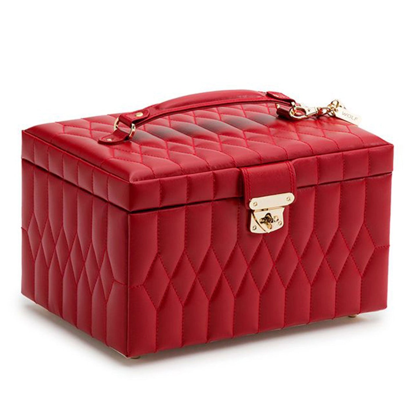 Introducing the elegant WOLF 1834 Caroline Red Jewellery Box by WOLF, featuring a red diamond-quilted leather exterior with a gold clasp and handle. This rectangular case is perfect for storing your treasures in style.