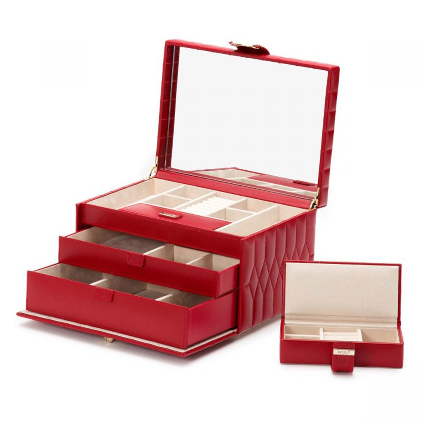 Introducing the WOLF 1834 Caroline Red Jewellery Box by WOLF, a luxurious diamond-quilted leather case in a striking red hue. Its mirrored open lid reveals multiple compartments and pull-out drawers, benefiting from LusterLoc™ technology to protect your treasures. Accompanying it is a smaller matching box that creates an elegant display for your collection.