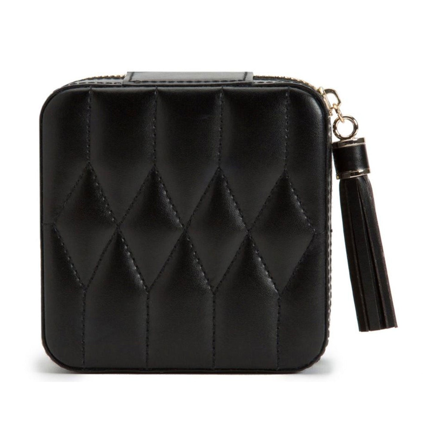 The WOLF 1834 Caroline Zip Travel Case is a black, diamond quilted leather pouch with a top zipper. It includes a stylish black tassel keychain attached to the zipper pull, designed to protect your jewelry from tarnish while you're on the move.