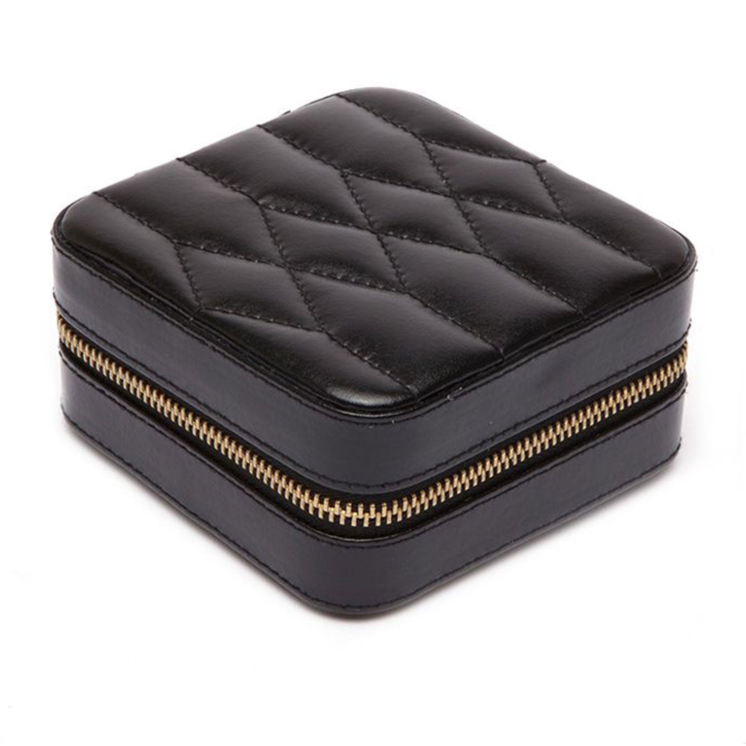 The WOLF 1834 Caroline Zip Travel Case is a compact, square jewelry box crafted from diamond-quilted leather with a gold zipper encircling the sides. Its sleek black design protects against tarnish, making it ideal for travel. The closed case sits elegantly on a white background.