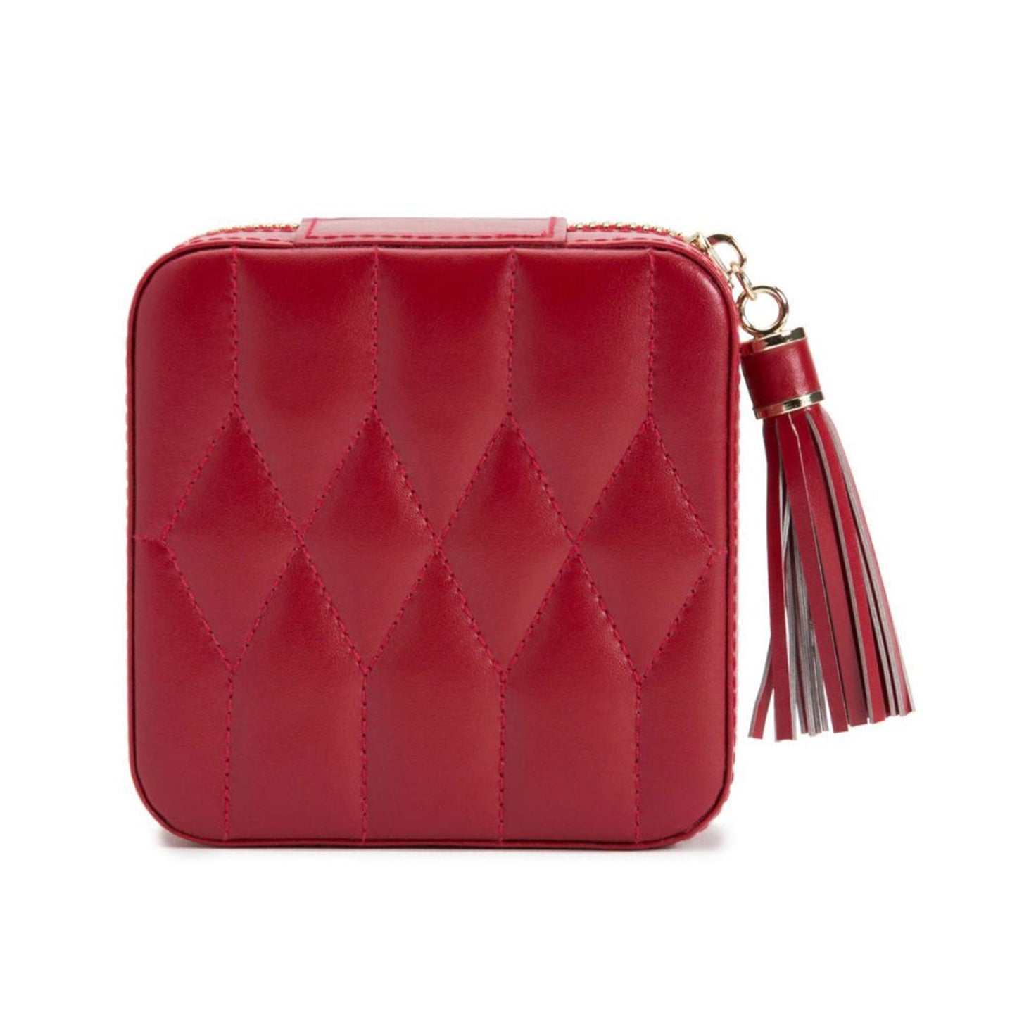 The WOLF 1834 Caroline Zip Travel Case is a red, square zippered pouch featuring diamond quilted leather and a tassel zipper pull, ideal for storing jewelry while traveling.