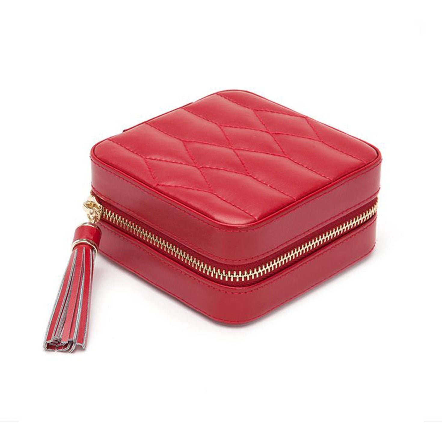 A red, square-shaped WOLF 1834 Caroline Zip Travel Case, expertly crafted from diamond quilted leather, features a gold zipper and a decorative tassel.