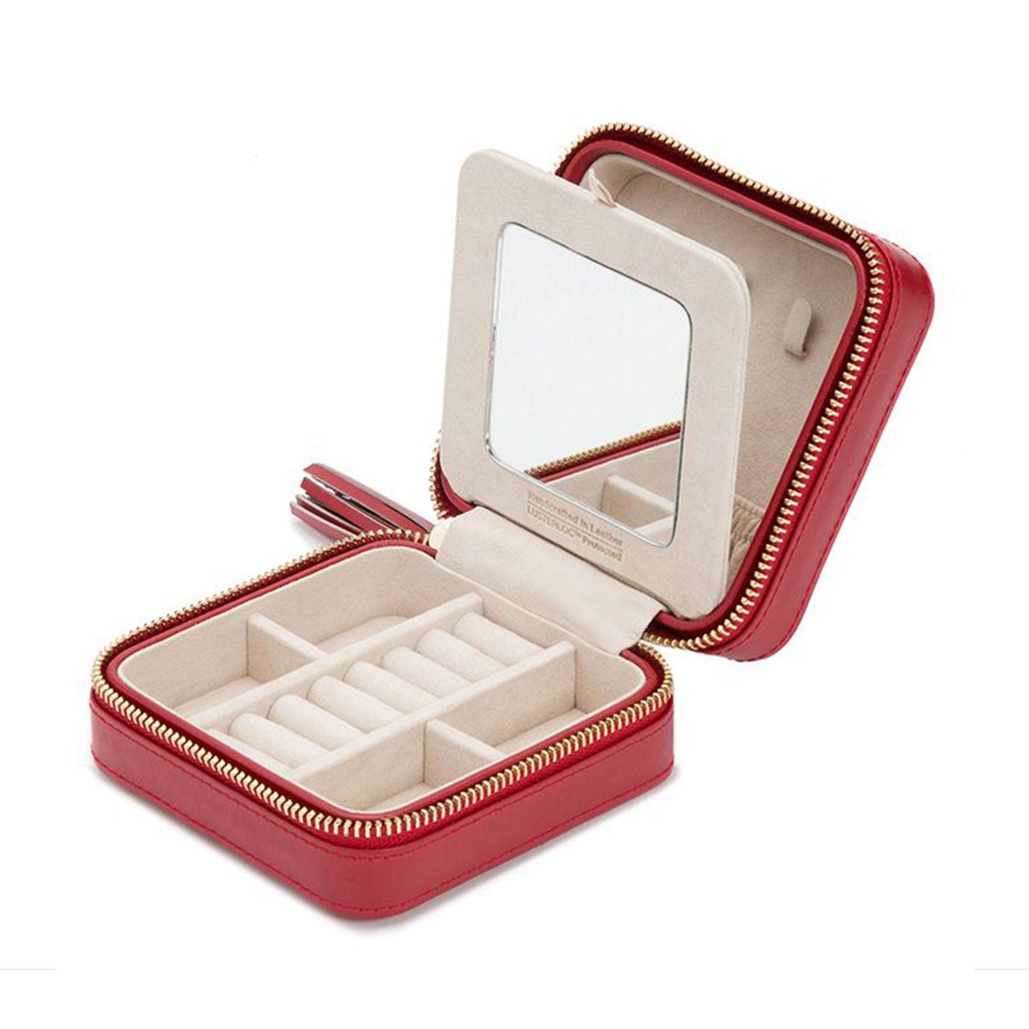 Introducing the WOLF 1834 Caroline Zip Travel Case by WOLF, a compact and stylish red jewelry travel case. It features multiple compartments and a ring holder, with an interior lined in beige fabric. The lid includes a built-in mirror for convenience. The exterior showcases elegant diamond quilted leather, combining style with durability.