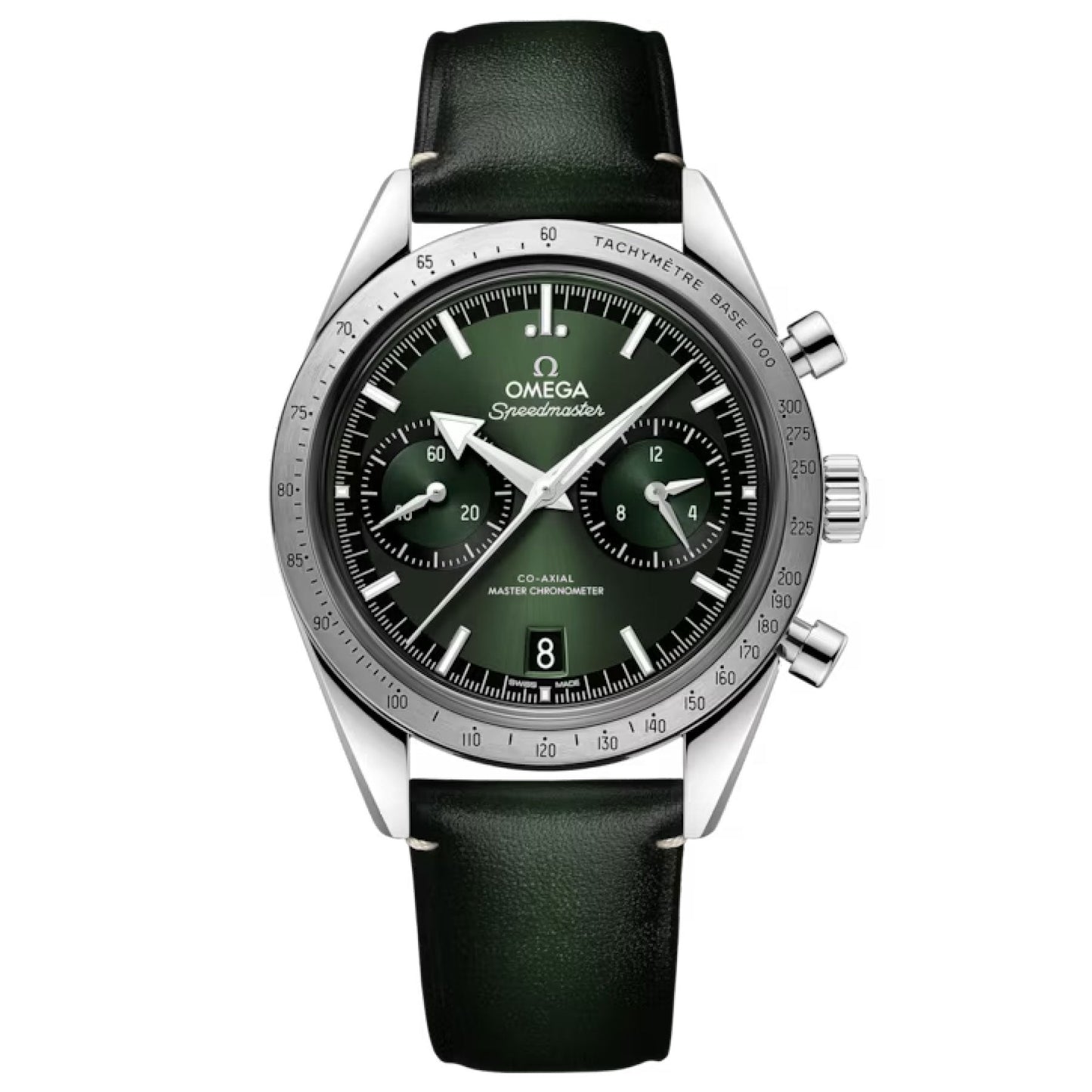 The OMEGA Speedmaster 57 Co-Axial Master Chronometer Chronograph 40.5mm Watch features a green dial encased in silver and is paired with a sleek black leather strap. This timepiece includes three sub-dials, a date function positioned at 6 o'clock, and a tachymeter scale on the bezel, all complemented by silver-toned hands and hour markers.