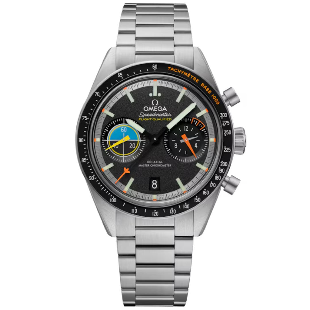 The OMEGA Speedmaster Pilot Co-Axial Master Chronometer 40.85mm Watch features a stainless steel case, black dial with vibrant white, orange, yellow, and blue subdials, tachymeter bezel, and bracelet—honoring its iconic flight and moon landing legacy.