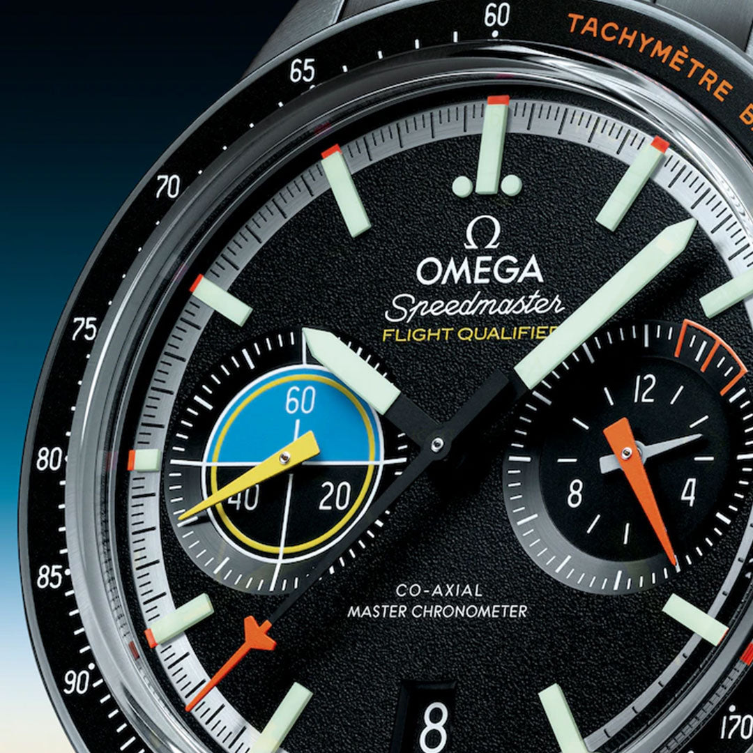 Close-up of the OMEGA Speedmaster Pilot Co-Axial Master Chronometer 40.85mm Watch, showcasing bold hands, colorful subdials, a tachymeter bezel, and "Flight Qualified" text—celebrating its legendary moon landing heritage.