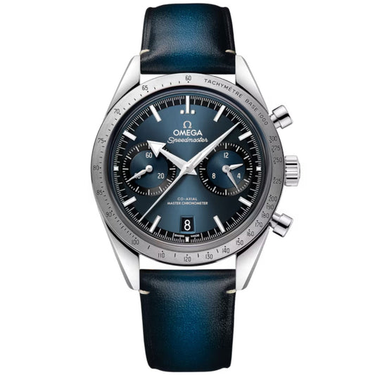The OMEGA Speedmaster 57 Co-Axial Master Chronometer Chronograph 40.5mm features a stainless steel case, blue gradient dial with three subdials, date at 6 o’clock, tachymeter bezel, and a blue leather strap.