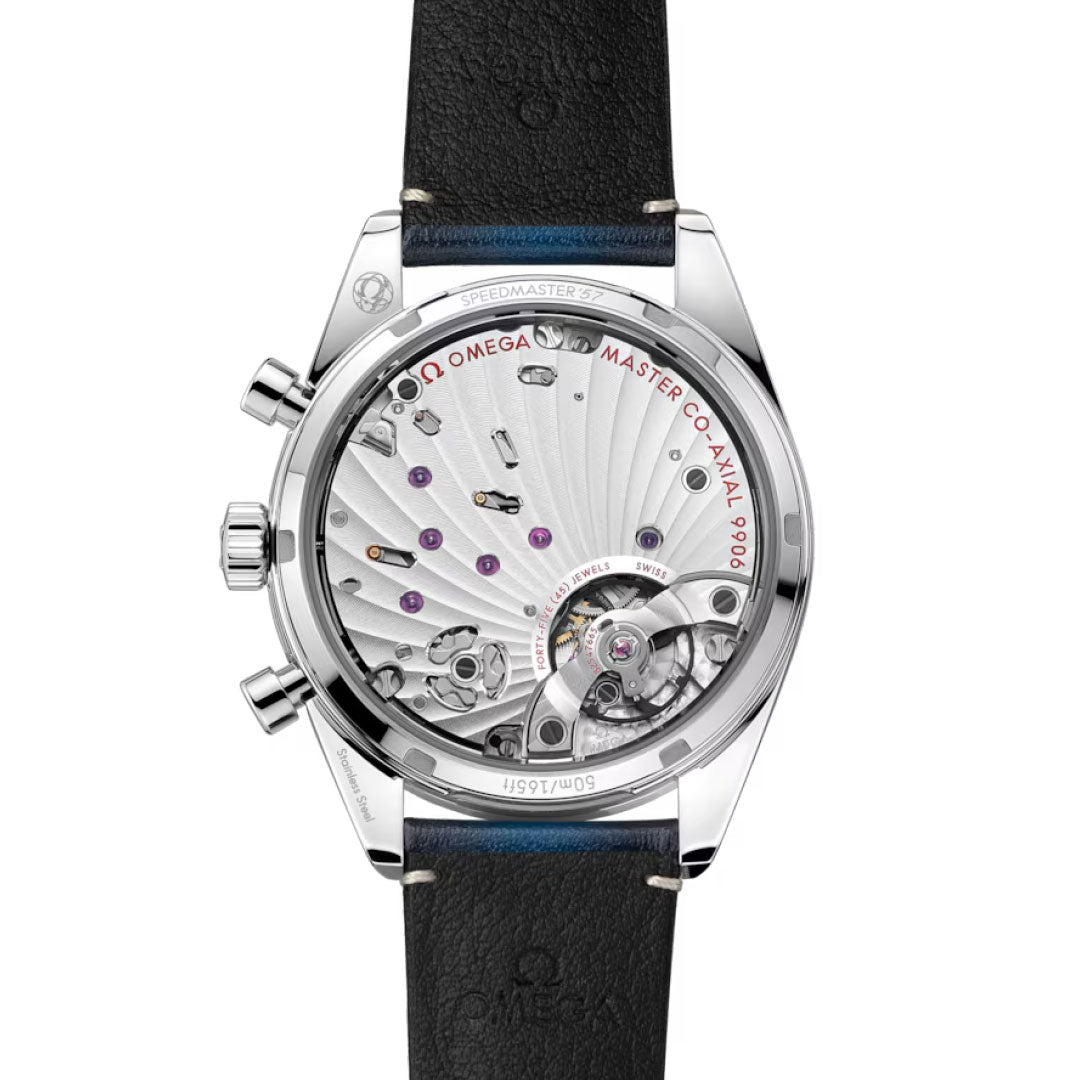 The OMEGA Speedmaster 57 Co-Axial Master Chronometer Chronograph 40.5mm Watch features a transparent case back displaying its intricate mechanical movement, elegant engravings, and a black leather strap.