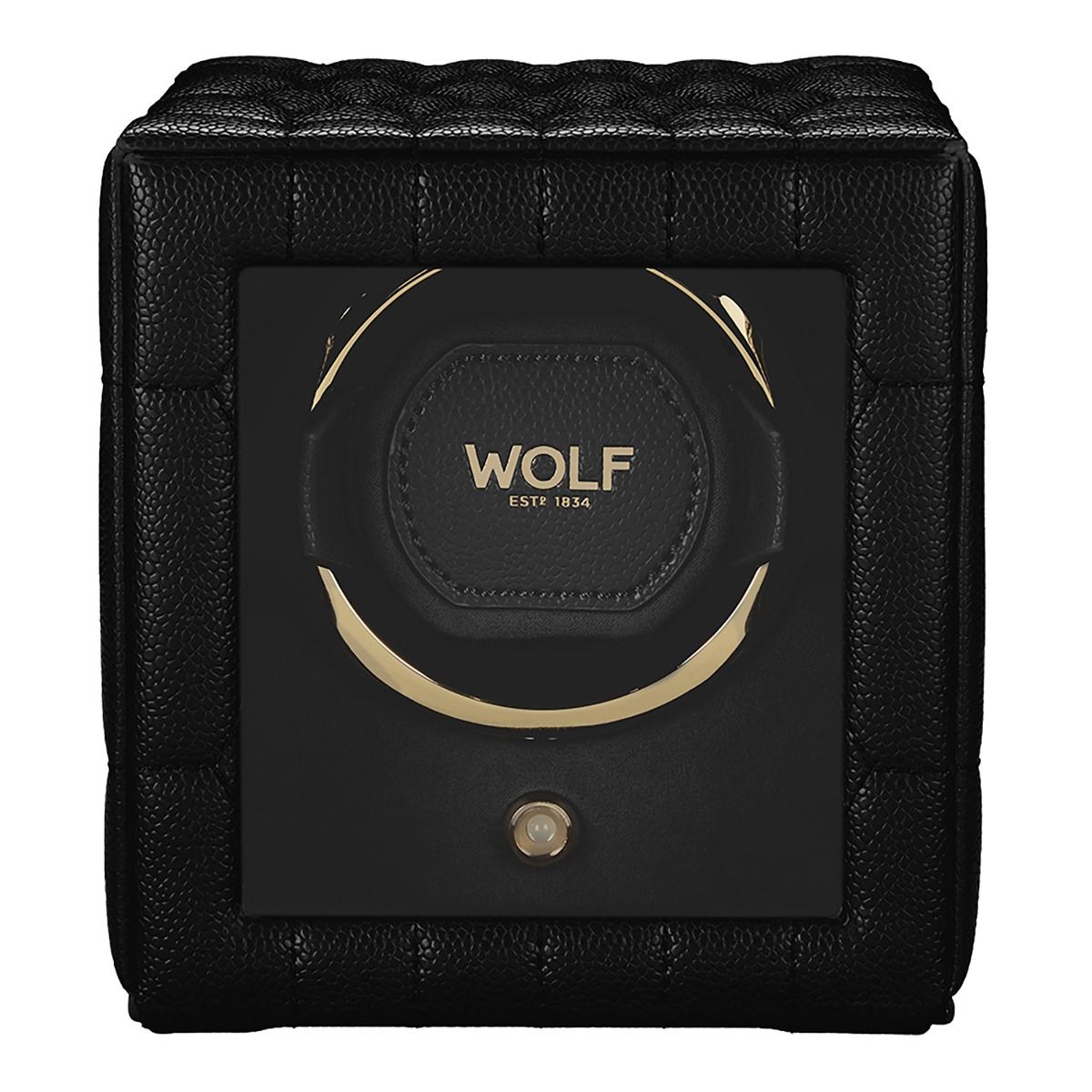 A WOLF 1834 Lauren Single Watch Winder in black, featuring a quilted design with gold accents and chrome-finished hardware, and displaying the “WOLF” brand name along with “EST. 1834” on the front panel.