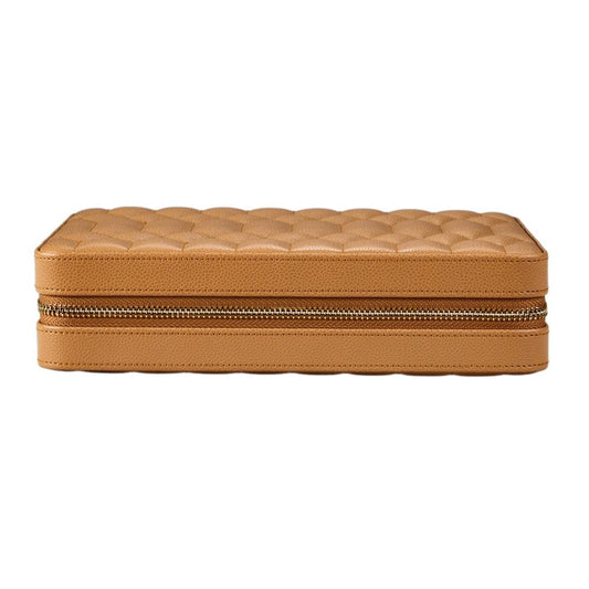 WOLF Lauren Large Zip Case Carmel by WOLF, a rectangular caramel quilted leather jewelry organizer with double zippers around the sides, shown closed and viewed from the front against a white background.