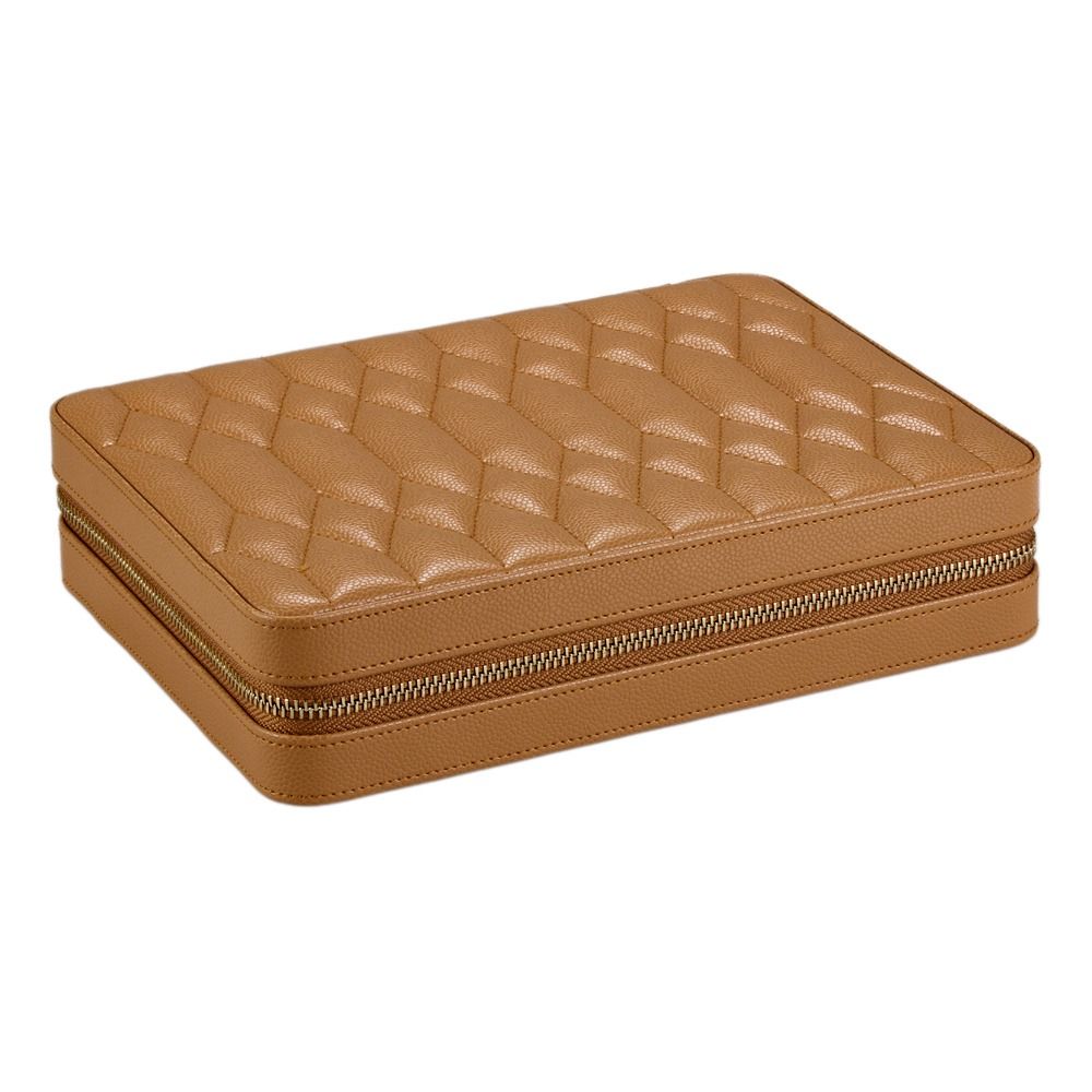 WOLF Lauren Large Zip Case in Carmel: A tan rectangular leather jewelry organizer by WOLF, featuring a quilted top and side zipper—perfect as a stylish travel jewellery case.