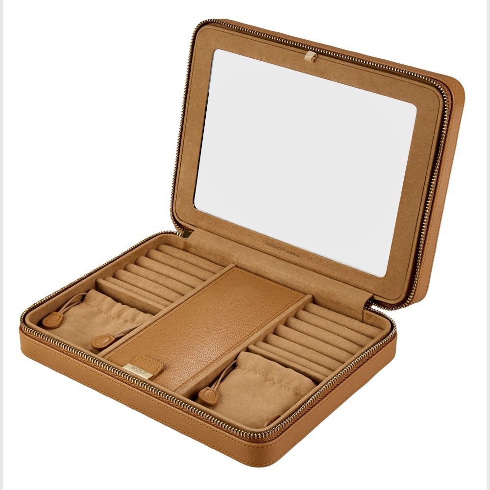 Introducing the WOLF 1834 Lauren Large Zip Case Carmel by WOLF—a refined tan leather jewelry organizer featuring a secure zippered closure. Open the case to reveal a mirror on the lid, dedicated ring slots, multiple small compartments, and padded sections designed to keep your accessories organized and protected. This elegant travel jewellery case ensures your pieces stay safe and easily accessible wherever you go.