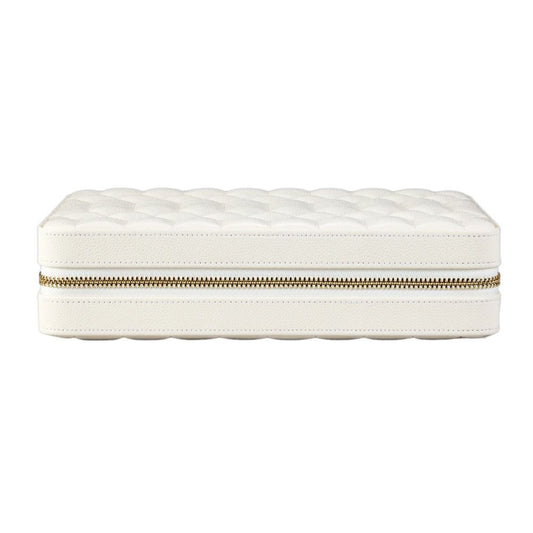 The WOLF 1834 Lauren Large Zip Case in ivory, a rectangular quilted white leather jewelry organizer by WOLF, features a gold zipper running around the middle and is shown closed against a plain white background.