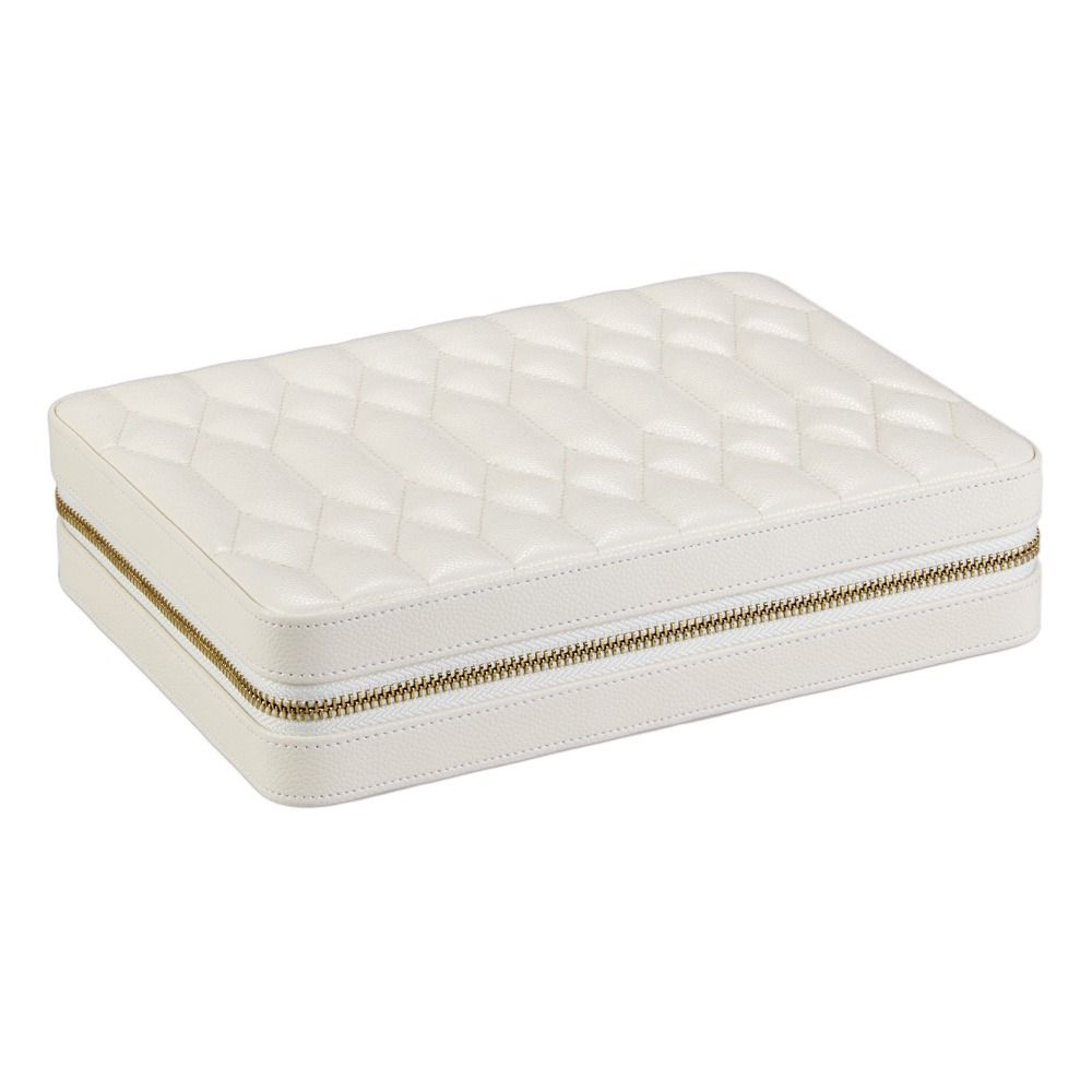 The WOLF 1834 Lauren Large Zip Case in Ivory, a rectangular quilted leather jewelry organizer with a gold zipper around its edge, sits closed against a plain white background.