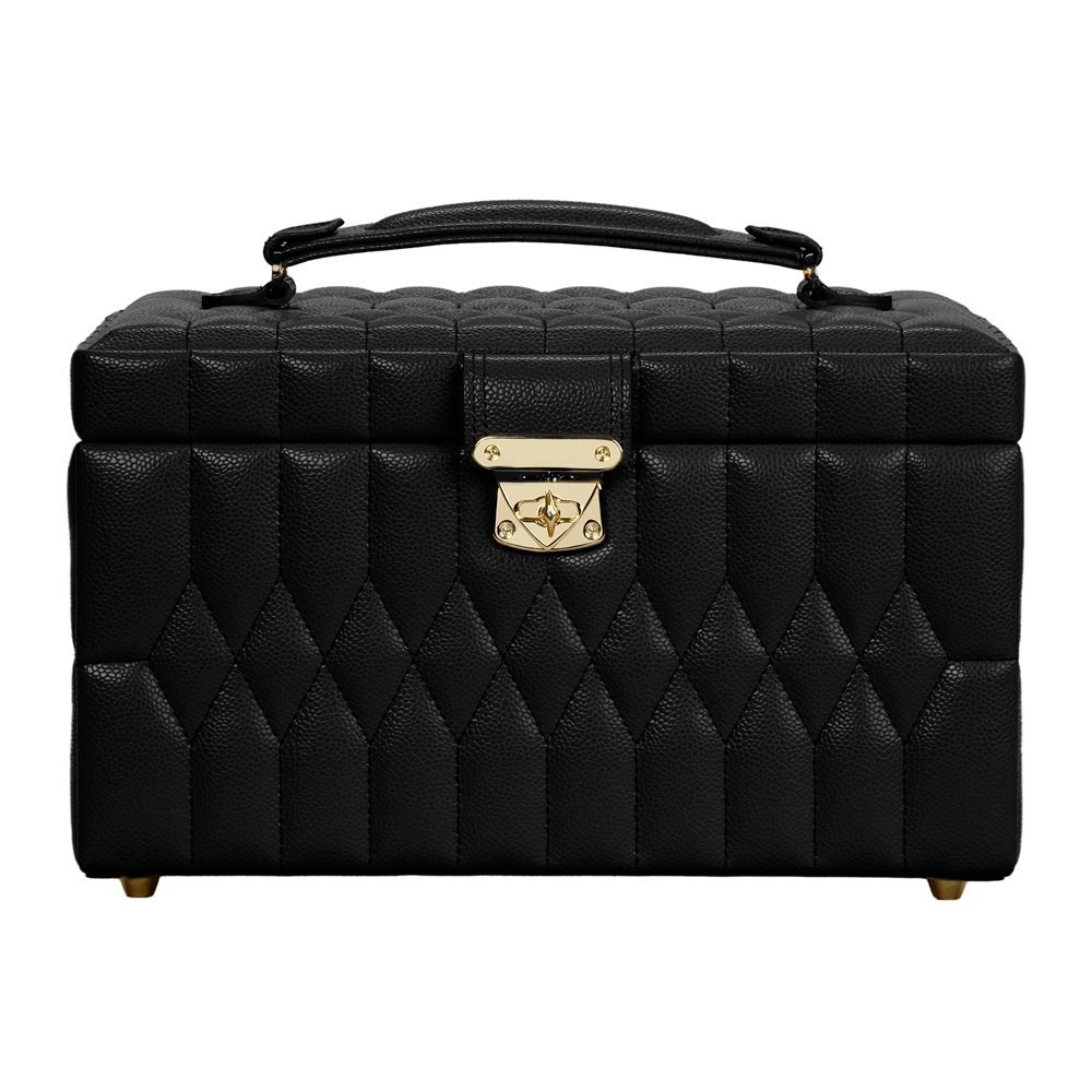 A luxurious WOLF 1834 Lauren Med Jewellery Box in black quilted leather, featuring a gold clasp, gold feet, and a top handle, is photographed against a white background. This elegant travel case by WOLF incorporates LusterLoc technology to keep your precious jewelry tarnish-free.