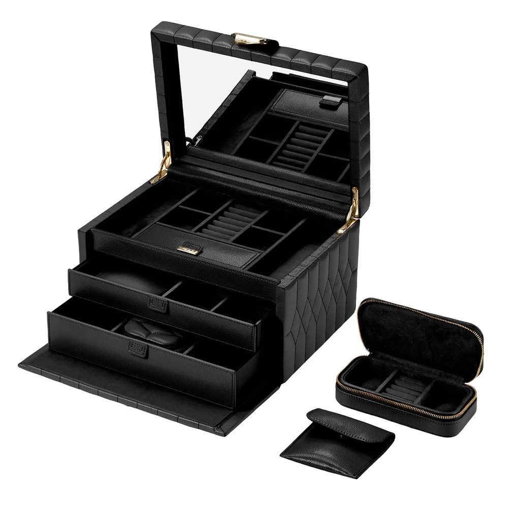 The WOLF Lauren Med Jewellery Box in black leather by WOLF 1834 is displayed open on a white background, showcasing its mirror, organized compartments, two drawers, and two smaller removable zipped Marrakesh Travel Cases with LusterLoc lining.
