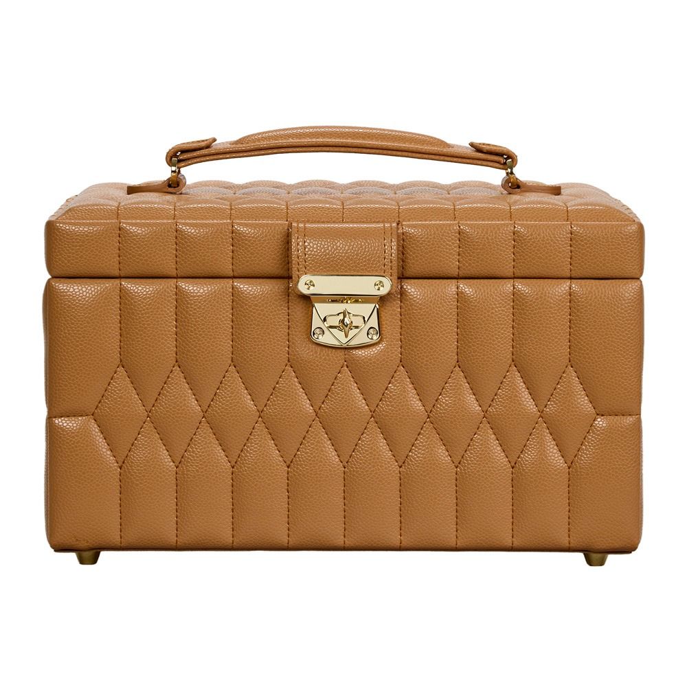 A tan, quilted leather jewelry box with a top handle, gold clasp at the front, and small metal feet—the WOLF 1834 Lauren Med Jewellery Box Carmel combines WOLF’s signature elegance and practical design for sophisticated storage of your treasured pieces.