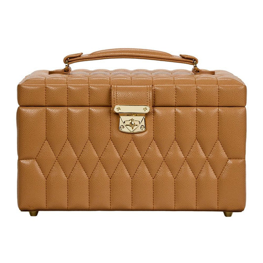 A tan, quilted leather jewelry box with a top handle, gold clasp at the front, and small metal feet—the WOLF 1834 Lauren Med Jewellery Box Carmel combines WOLF’s signature elegance and practical design for sophisticated storage of your treasured pieces.