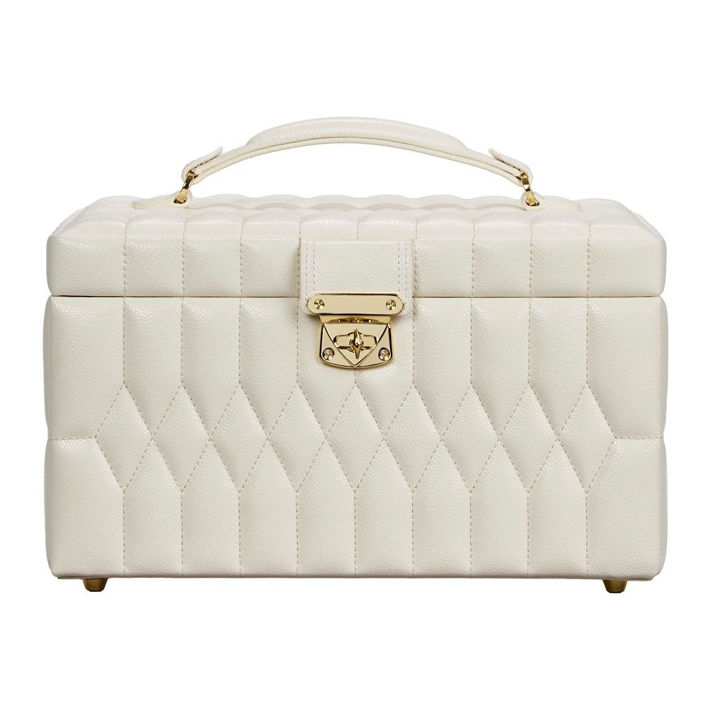 The WOLF 1834 Lauren Med Jewellery Box Ivory is a cream-colored, quilted leather jewelry box with a gold latch and handle, featuring a geometric diamond pattern on the exterior. This elegant case from WOLF offers anti-tarnish storage for your cherished pieces.