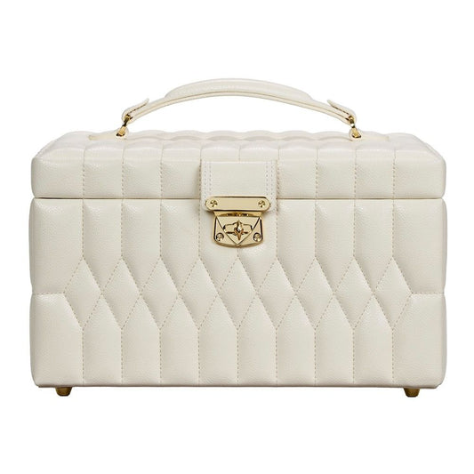The WOLF 1834 Lauren Med Jewellery Box Ivory is a cream-colored, quilted leather jewelry box with a gold latch and handle, featuring a geometric diamond pattern on the exterior. This elegant case from WOLF offers anti-tarnish storage for your cherished pieces.