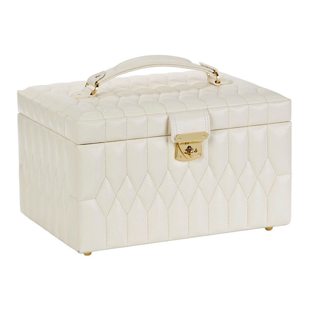 The WOLF 1834 Lauren Med Jewellery Box in Ivory features a cream-colored, quilted leather design with a top handle and a gold clasp on the front, providing elegant anti-tarnish jewelry storage while looking stunning against a white background.
