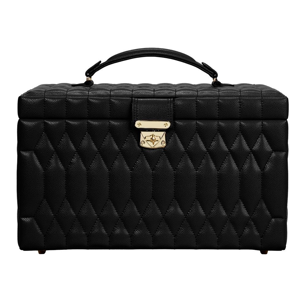 The WOLF 1834 Lauren Large Jewellery Box in black features luxurious diamond-quilted leather, a convenient top handle, and an elegant gold clasp, all showcased against a white background. Its meticulously designed interior is tarnish resistant, ensuring your treasured pieces stay pristine.