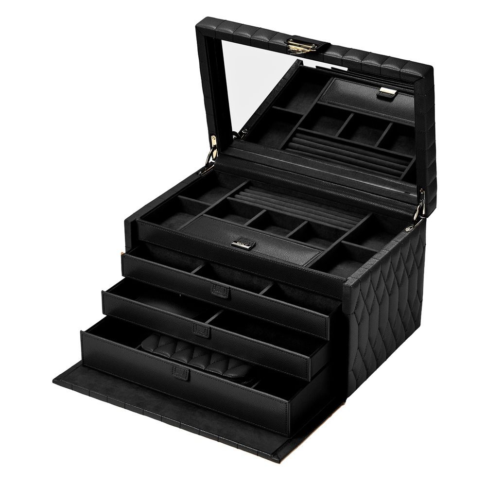 The WOLF 1834 Lauren Large Jewellery Box in Black by WOLF features a quilted leather exterior with an open lid revealing an interior mirror. This spacious jewellery case is designed to be tarnish-resistant and offers three pull-out drawers along with multiple compartments for organized jewelry storage.